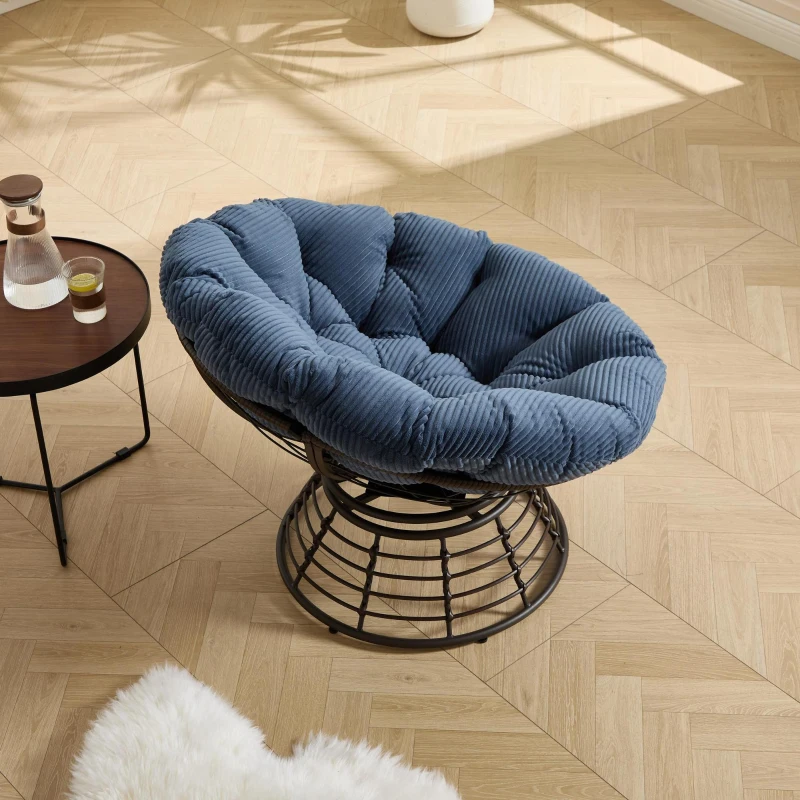 Poltrona Papasan, girevole a 360°, cuscino spesso(tessuto a coste), struttura in acciaio, 92x92x67 cm, Blu marino