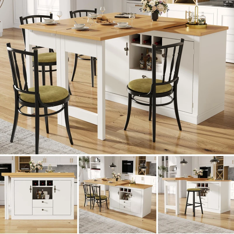 Extendable Bar Table with Smart Pull-Out System, Multifunctional Sideboard with Adjustable Compartments, 120-180L x 40W x 76H cm, White