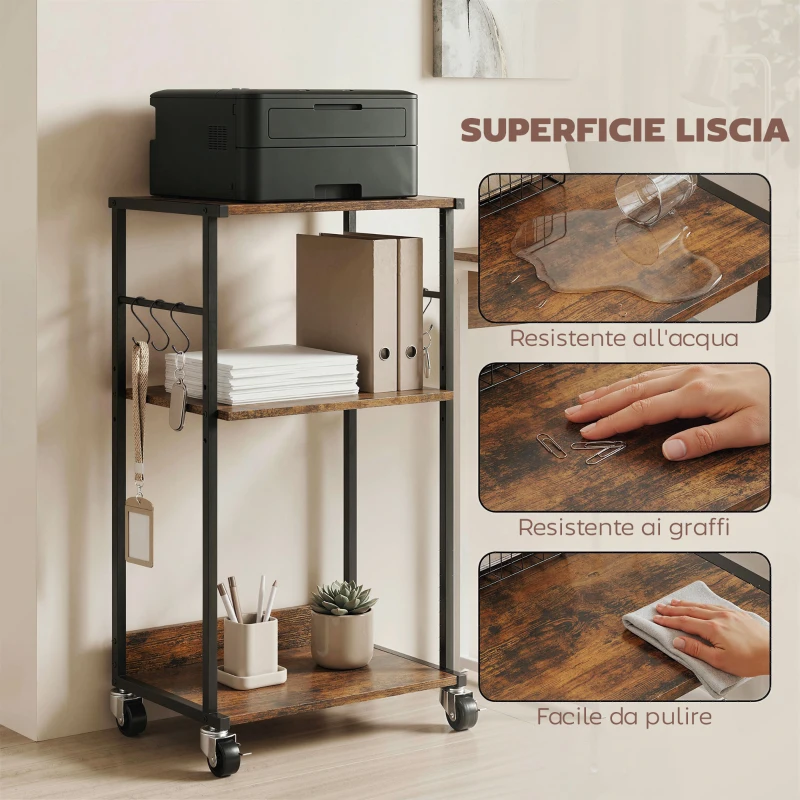 HOMCOM Stampante Tavolino Industriale 3 Livelli, Ruote e Ganci, Marrone Rustico.