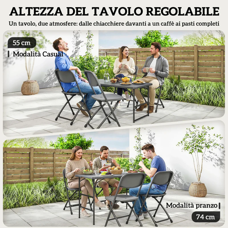 Outsunny Set Tavolo Regolabile e 4 Sedie da Giardino Pieghevoli in HDPE Effetto Legno, Grigio Scuro