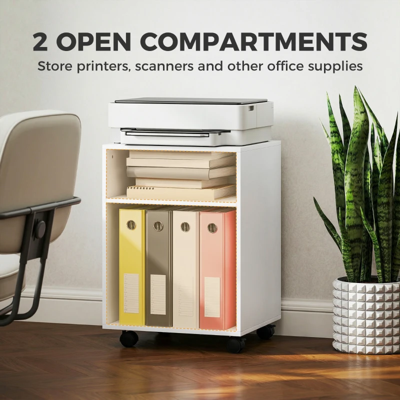 HOMCOM Druckerständer Druckertisch mit 2 offenem Regal feststellbaren Rollen für Büro Zuhause Fax Scanner 40 x 35 x 56 cm Weiß