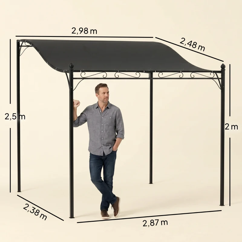 Outsunny Pergola 3 x 2,5 m, montowana na ścianie, wodoodporna altana ogrodowa, metalowy stelaż, otwory drenażowe, dach zacieniający, ciemnoszara