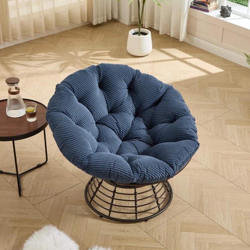 Poltrona Papasan, girevole a 360°, cuscino spesso(tessuto a coste), struttura in acciaio, 92x92x67 cm, Blu marino