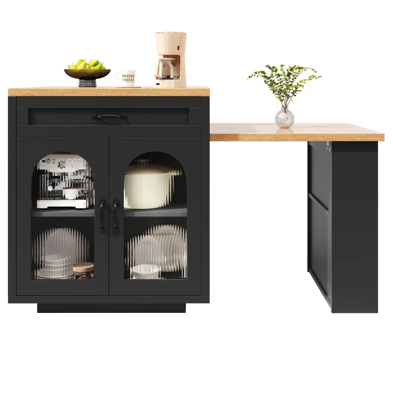 Extendable Kitchen Island with App-Controlled RGB LED Lighting, Versatile Cabinet for Dining or Preparation, 126-196L x 59W x 94H cm, Black