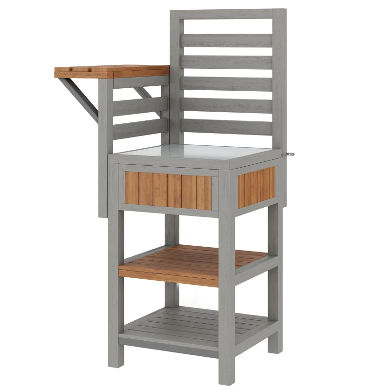 Wooden Garden Cabinet with Stainless Steel Worktop & 2-Tier Shelving, Versatile Sideboard for Patio or Balcony, 74L x 54W x 149H cm, Natural