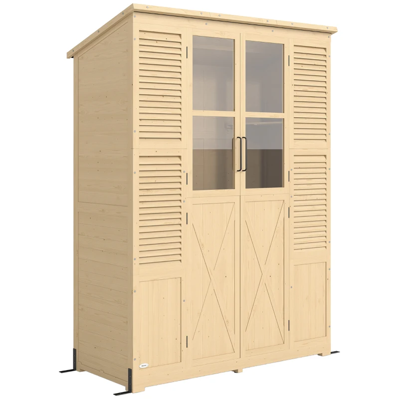 Outsunny Armoire de Jardin, 4 Fenêtres, 6 Étagères, Toit en Asphalte Hydrofuge, Ventilation à Persiennes, 147x68x198cm, Naturel
