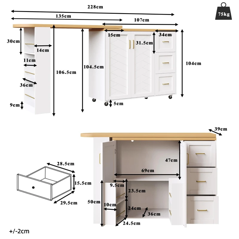 Multifunctional Kitchen Island for Dining & Living Areas, Extendable Bar Cart with 2 Doors & 3 Drawers, 135-228L x 39W x 104H cm, White