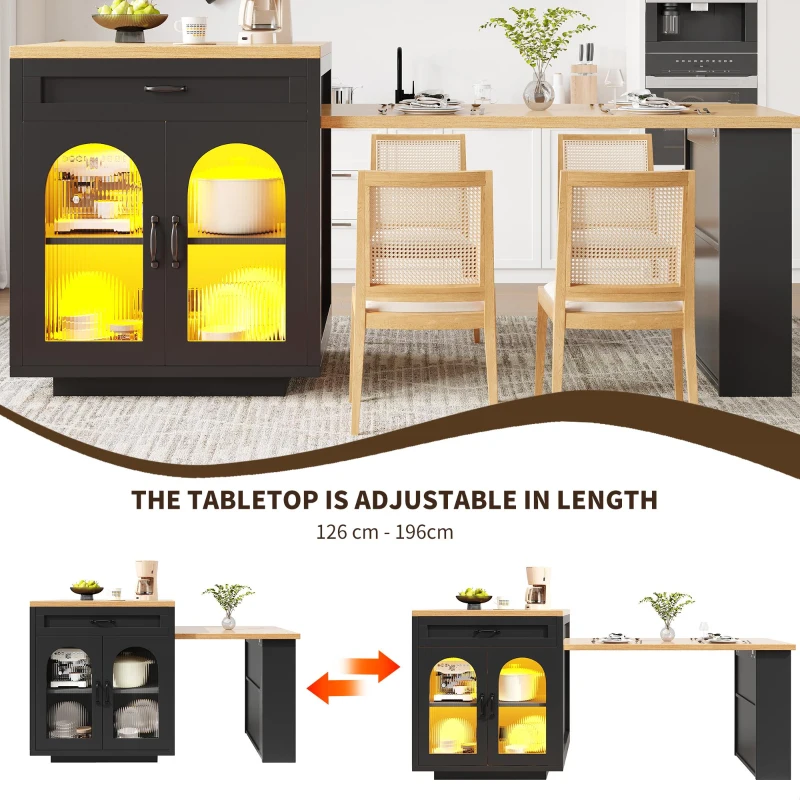 Extendable Kitchen Island with App-Controlled RGB LED Lighting, Versatile Cabinet for Dining or Preparation, 126-196L x 59W x 94H cm, Black