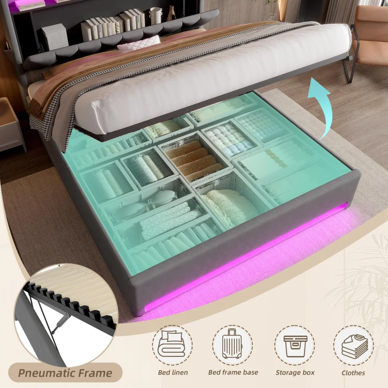 Hydraulic Storage Bed Frame with LED Lighting and USB Type-C Charging, Stylish Bed with Open Shelf, 158L x 221W x 116.5H cm, Dark Gray