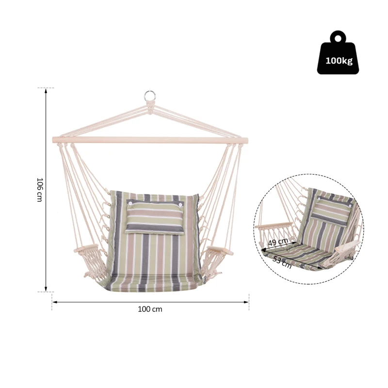 Outsunny Silla Colgante Estampado Rayas Hamaca con Cojín Reposacabezas para Interior Exterior 100x106 cm Carga Máx. 100 kg