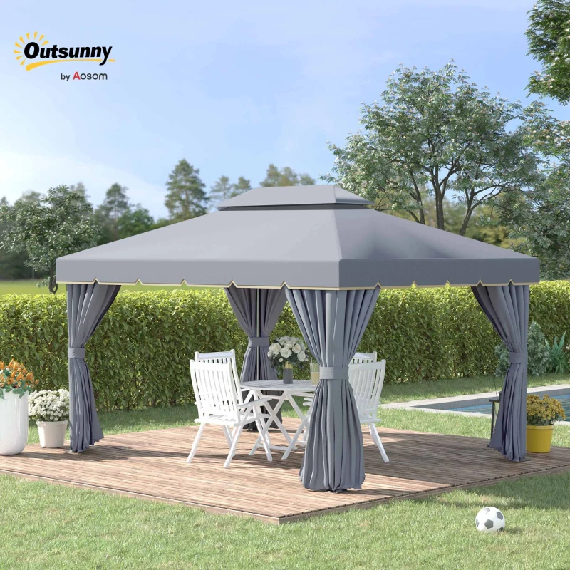 Outsunny 3 x 4m Aluminium Garden Gazebo, Marquee Canopy Shelter Pavilion Party Tent with Nets and Curtains for Garden and Deck, Grey
