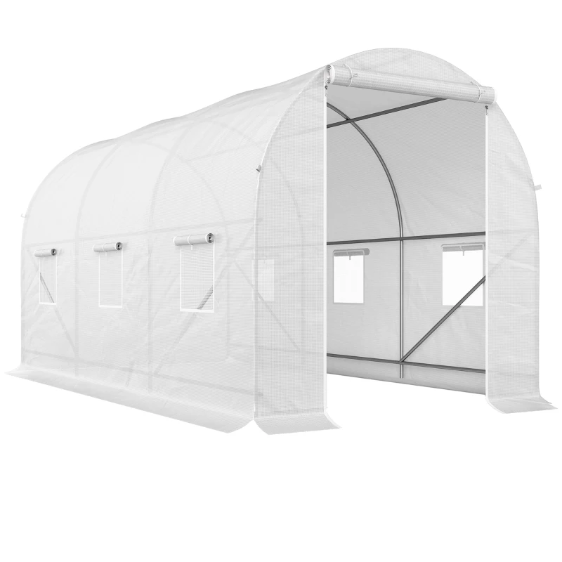 Outsunny Serre tunnel de jardin 7m², serre de jardin tunnel avec porte et 6 fenêtres, bâche PE 140 g/m² 350 x 200 x 200 cm blanc