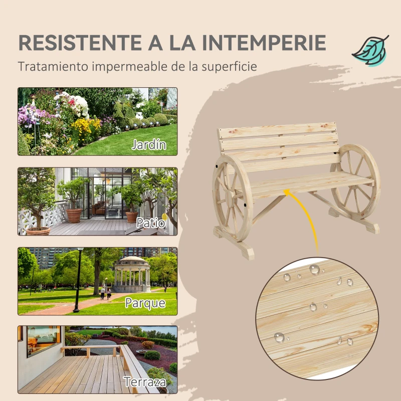 Outsunny Banco de Jardín de Madera con Reposabrazos en Forma de Rueda para 2 Personas 105,5x56x79 cm Madera Natural