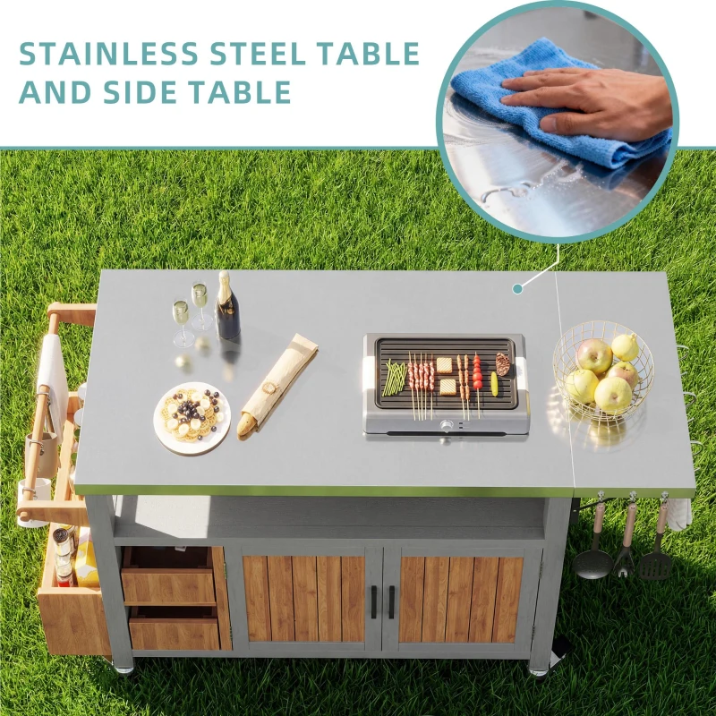 Weatherproof Serving Trolley with Extendable Side Shelf, Outdoor Side Table for Garden Parties, 100-138L x 47W x 92H cm, Natural