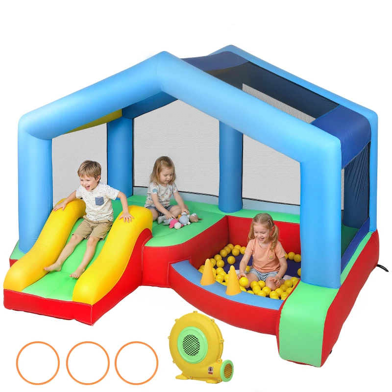 AIYAPLAY Château gonflable 4 en 1, aire de jeux avec souffleur, toboggan, piscine à balles, jeu de lancer d'anneaux, multicolore