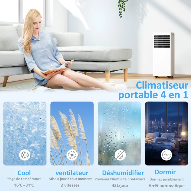 HOMCOM Climatiseur mobile 9000 BTU, climatiseur portable 4 en 1, refroidissement, déshumidificateur, ventilateur, mode nuit