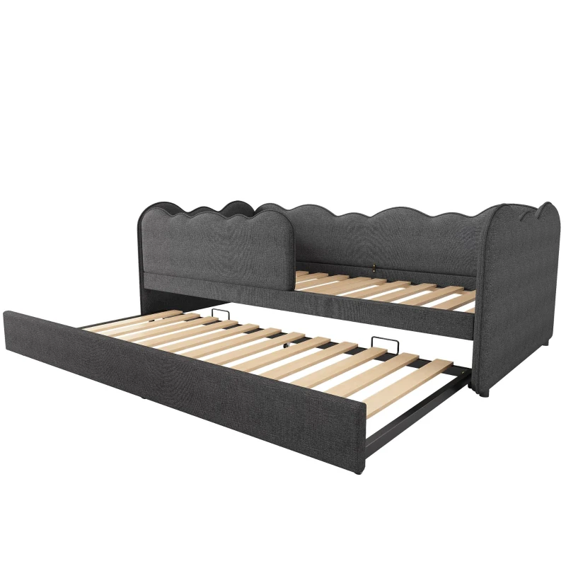 Upholstered Daybed with Pull-Out Trundle & Removable Front Rail, Space-Saving Sofa Bed for Compact Flats, 197L x 99W x 70H cm, Grey