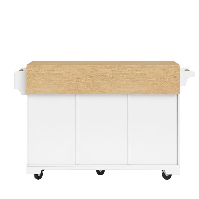 Extendable Kitchen Island with 3 Drawers, 2 Doors & Adjustable Shelves, Versatile Trolley for Prep and Dining, 120L x 40-80W x 95H cm, White