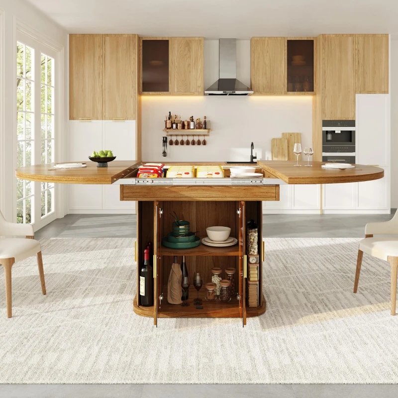 Extendable Dining Table with Hidden Storage and Glass Doors, Round Kitchen Table for 6 People, 118-158L x 118W x 77H cm, Walnut