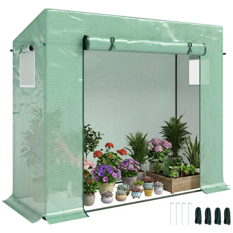 Outsunny Small Walk-in Garden Greenhouse with Steel Frame, Large Roll-up Door and Windows, 200Lx76Wx168Hcm, Green