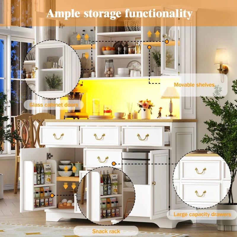 Tall Kitchen Cabinet with Integrated USB Ports & Ergonomic Worktop, Stylish Sideboard with Adjustable Shelves, 118L x 39.5W x 180H cm, White