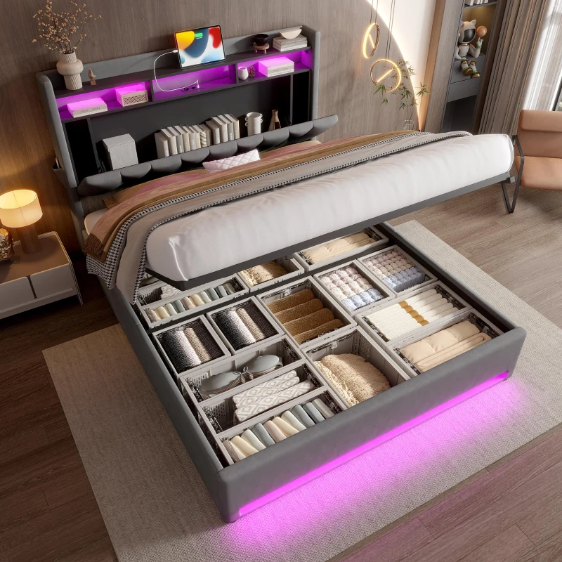Padded Storage Bed Frame with LED Lighting and USB‑C Charging, Hydraulic Bed with Hidden Storage, 143L x 211W x 116.5H cm, Dark Gray