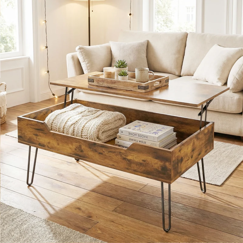 HOMCOM Table Basse Rectangulaire en Bois avec Grand Rangement Caché, Hauteur Réglable, 95 x 50 x 40 cm, Marron Rustique