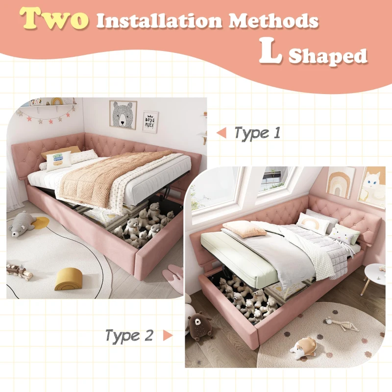 Stylish Upholstered Daybed with Hydraulic Ottoman Storage, L-Shaped Single Sofa Bed with Velvet Fabric, 196L x 100W x 77H cm, Pink