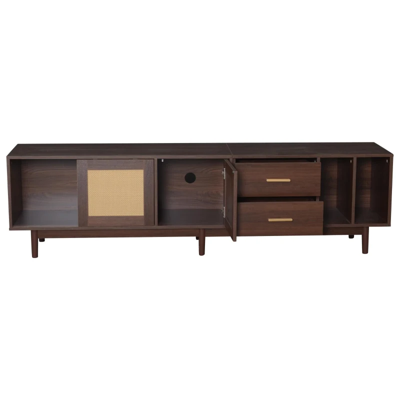 Stylish TV Stand Cabinet with Rattan Sliding Doors & 2 Drawers, Sturdy Media Console with Ample Storage, 190L x 40W x 52H cm, Wood