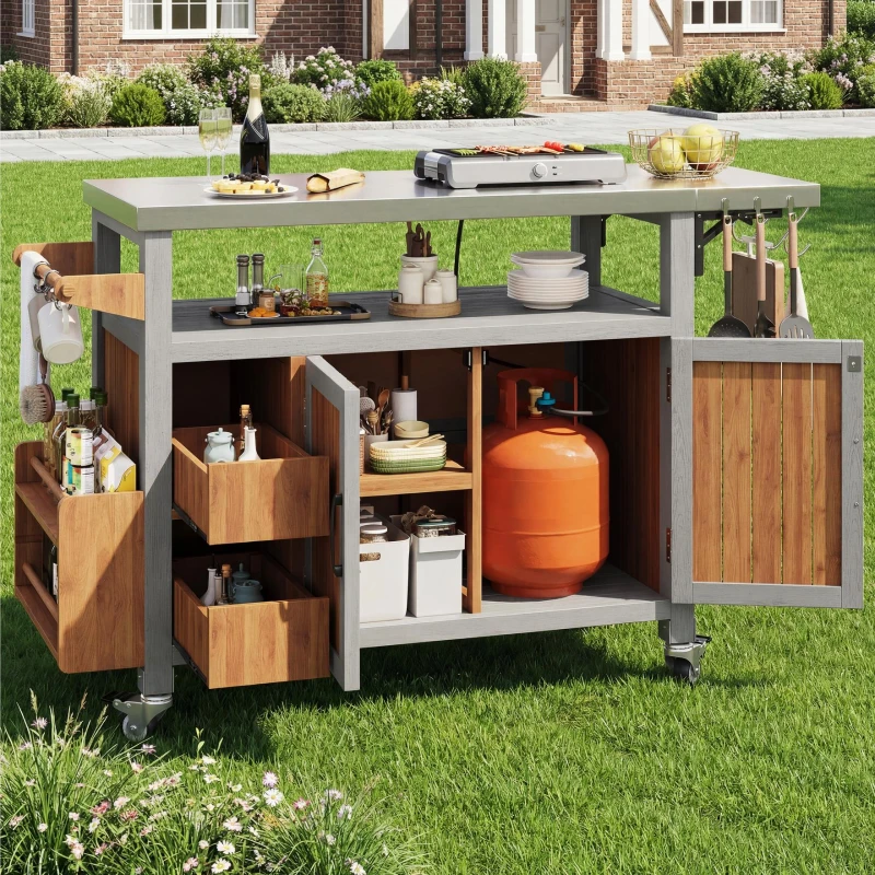 Weatherproof Serving Trolley with Extendable Side Shelf, Outdoor Side Table for Garden Parties, 100-138L x 47W x 92H cm, Natural