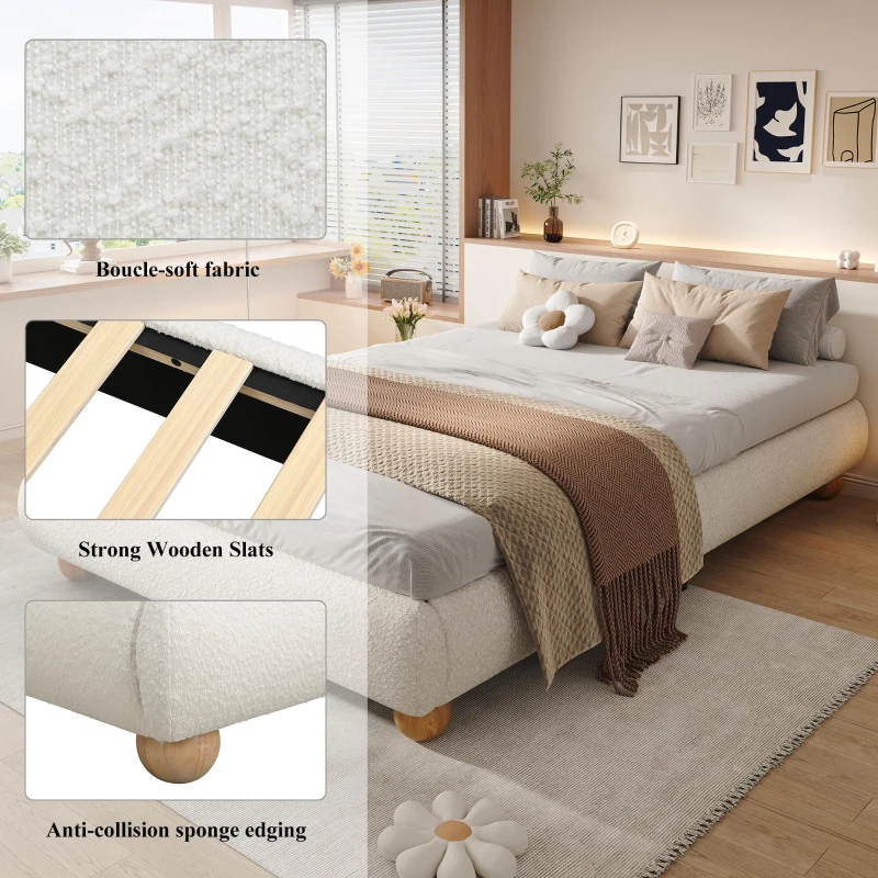 Modern Upholstered Double Bed with Sturdy Slatted Frame, Bouclé Platform Bed with Rounded Modern Legs, 197L x 146W x 30H cm, Beige