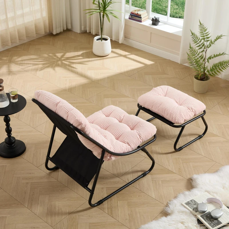 Poltrona lounge da esterno con pouf, cuscino imbottito, tessuto sling, struttura in acciaio, Rosa