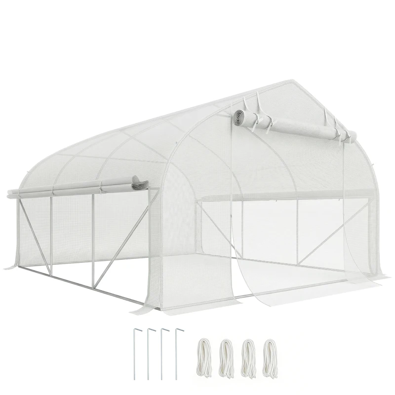 Outsunny Serre de jardin tunnel 10,4 m² serre de jardin anti-UV porte zippée enroulable fenêtres maille 350 x 300 x 200 cm blanc