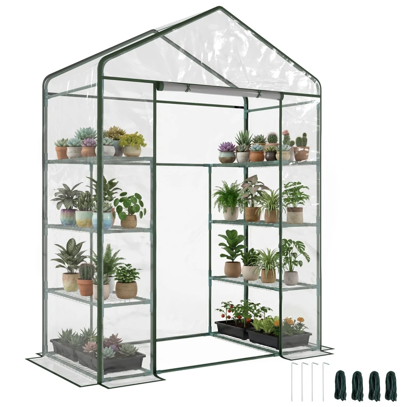 Outsunny Rechteckiges Garten- und Terrassengewächshaus 143x73x195cm, Transparente PVC-Platte und 8 Einlegeböden, aufklappbare Rolltür