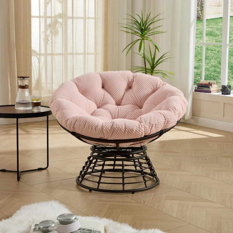 Poltrona Papasan, girevole a 360°, cuscino spesso(tessuto a coste), struttura in acciaio, 92x92x67 cm, Rosa