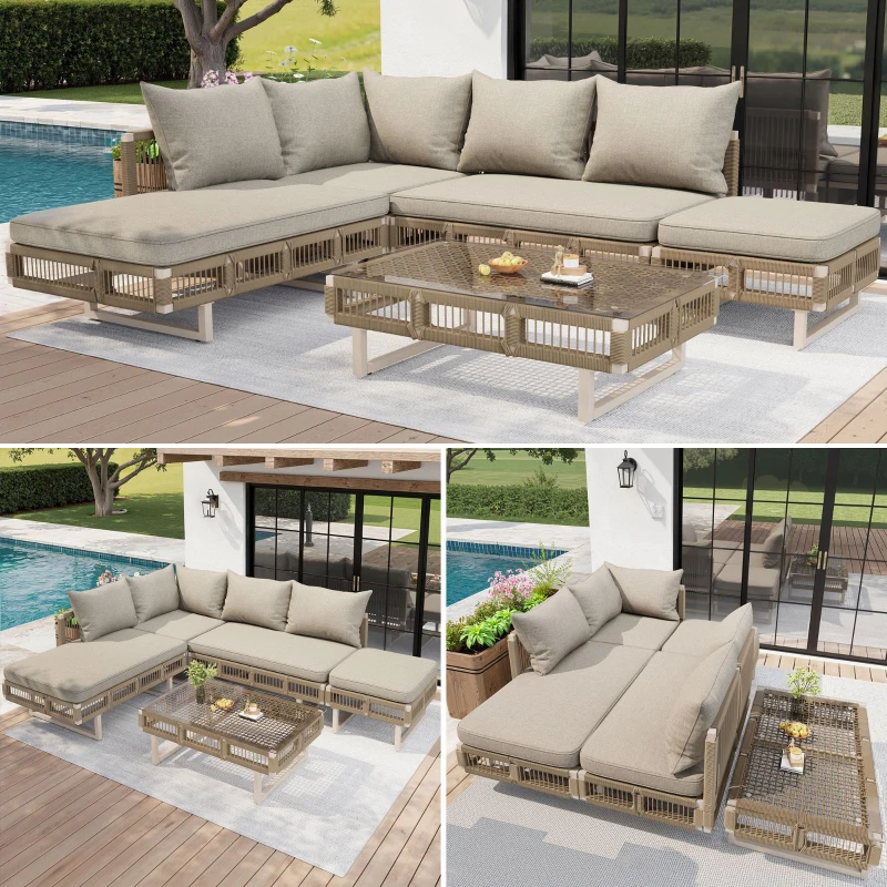 Rope-Woven Garden Sofa Set with 10 cm Thick Cushions, Versatile Garden Lounge Set with Splash-Proof Fabric, 225L × 167W × 62H cm, Beige