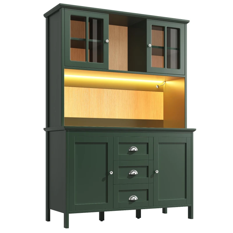 Smart Storage Cabinet with 4 Doors & 3 Drawers, Tall Sideboard with App-Controlled USB LED Lighting, 120L x 40W x 179H cm, Green