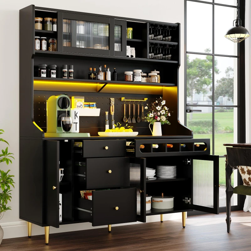Modern Highboard with LED Lighting & Adjustable Shelves, Freestanding Cabinet with Pull-Out Wine Rack, 145L x 39W x 171H cm, Black