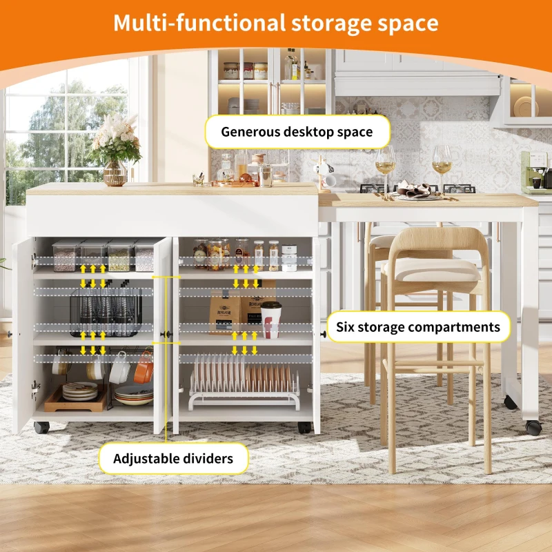 Modern Bar Table with 6 Adjustable Shelves and Storage Cabinet, Extendable Dining Table for 4–6 People, 118-180L x 50W x 94H cm, White