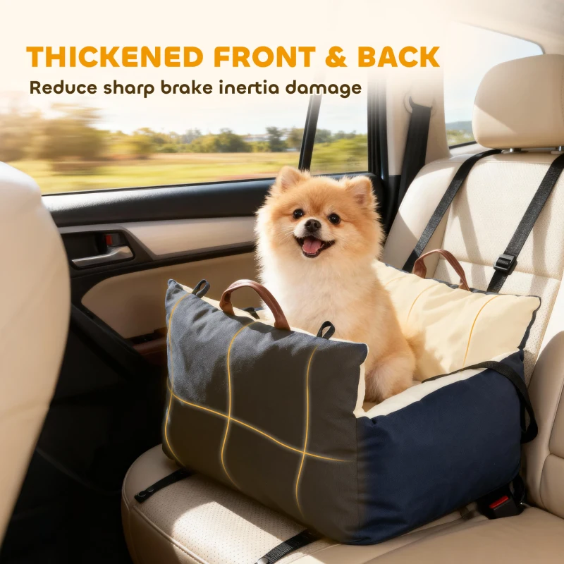 PawHut Dog Car Seat, Cosy Pet Car Booster Seat for Small Dog Under 5 KG, Portable Travel Bed with Safety Belts, Navy Blue