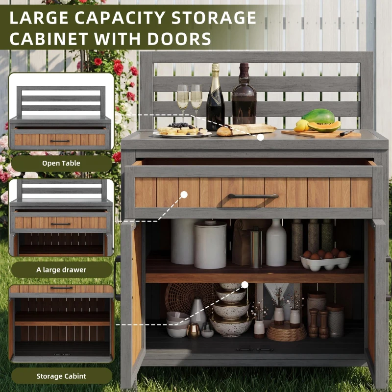 Solid Fir Wood Garden Storage Cabinet with Large Work Surface, Weather-Resistant Grill Station for Outdoor Use, 80L x 51W x 119H cm, Natural