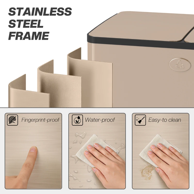 HOMCOM Coș de bucătărie 2 compartimente de 2 x 28 l, oțel inoxidabil, capac cu închidere silențioasă, 45,8x36x67,6cm, auriu