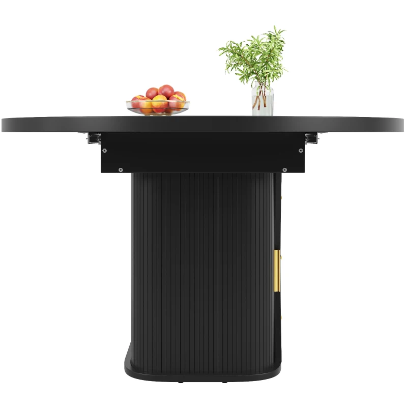 Extendable Dining Table with 3-Tier Hidden Storage and Oval Extension, Round Kitchen Table for 6 People, 118-158L x 118W x 77H cm, Black