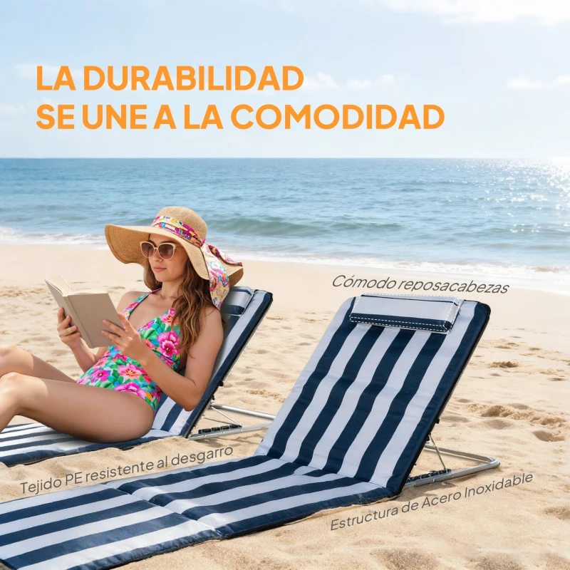 Outsunny Conjunto de 2 Esterillas con Respaldo Reclinable Reposacabezas y Bolsa de Transporte 134x48x33-43 cm Blanco y Azul
