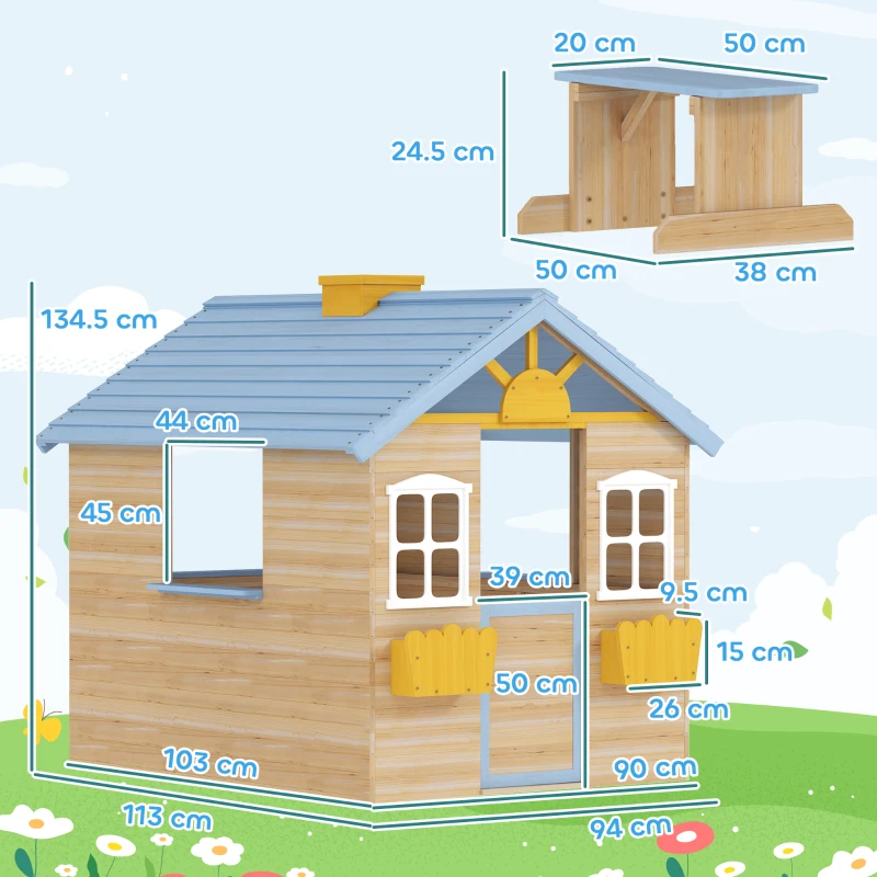 Outsunny Wooden Playhouse, Wendy House w/ Door, Bench, Flowerpot Holder, For Ages 3-7 Years, Blue