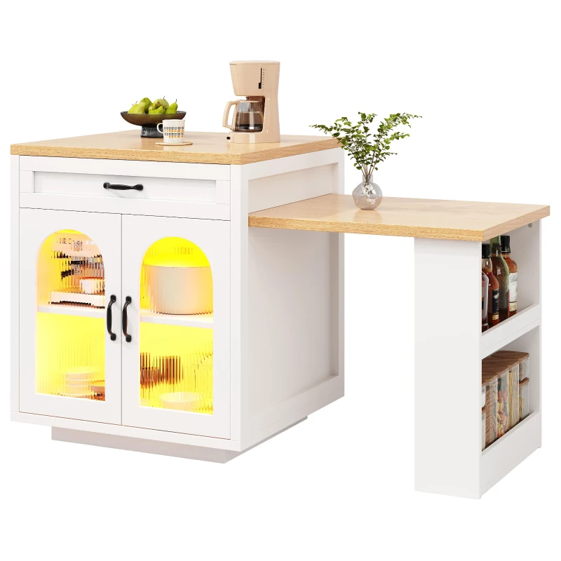 Extendable Kitchen Island with App-Controlled RGB Lighting, Versatile Storage Cabinet with Adjustable Shelf, 126-196L x 59W x 94H cm, White
