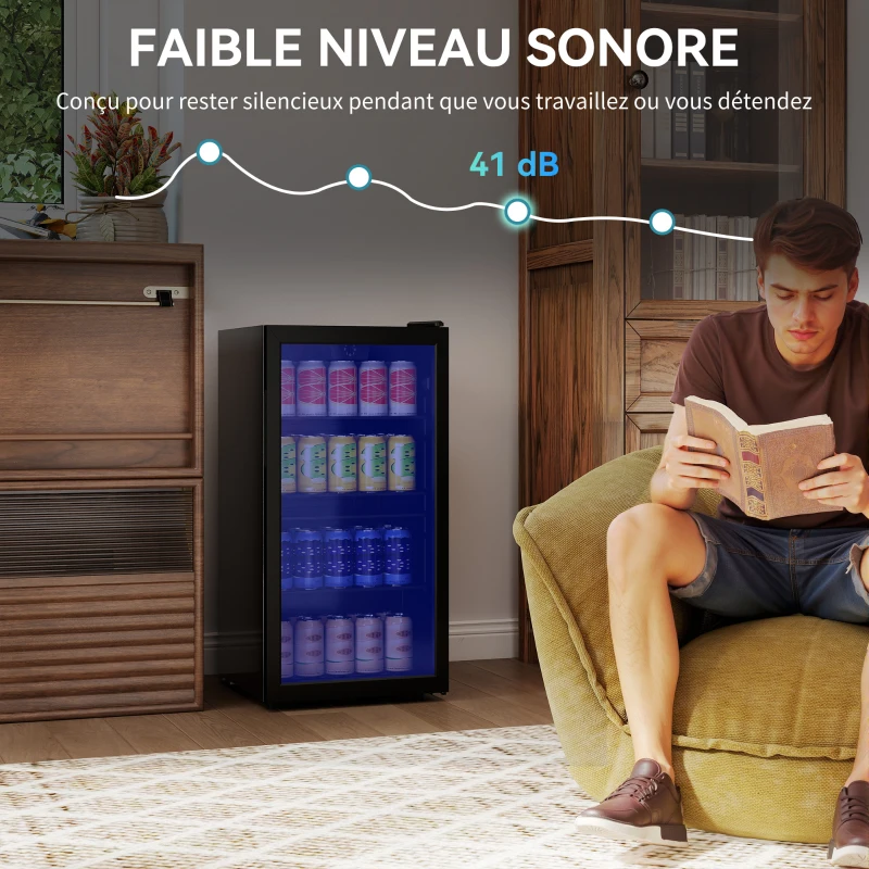 HOMCOM Réfrigérateur à boissons 93 L, frigo à boissons 115 canettes, porte vitrée, étagères réglables, éclairage LED, noir