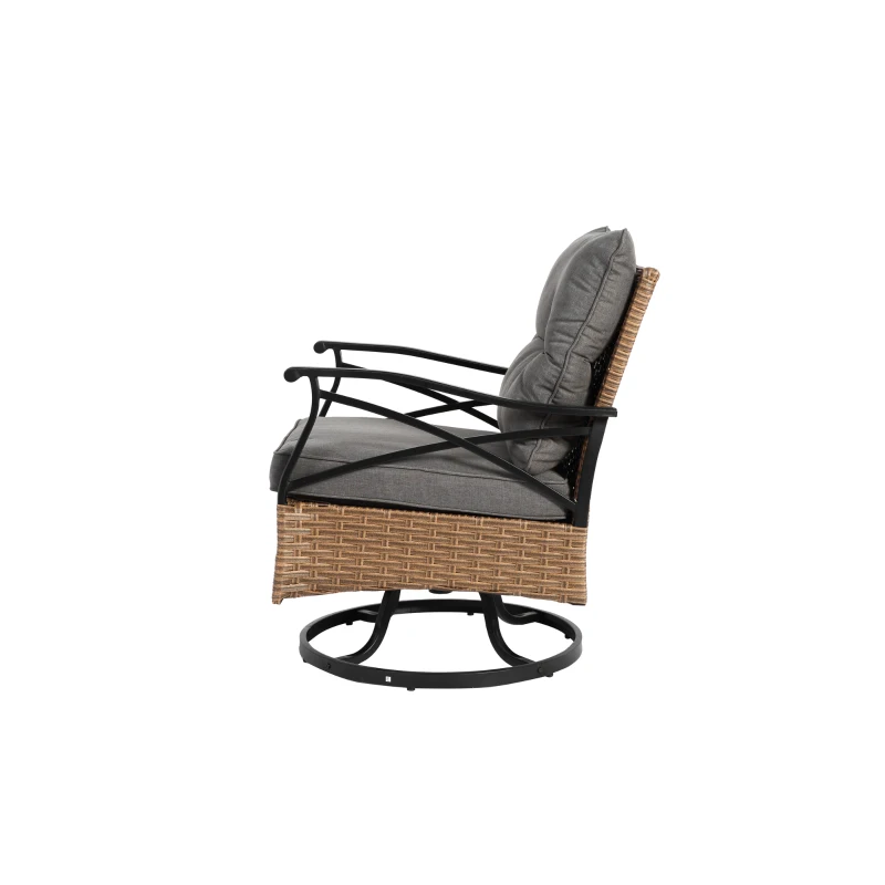 Outdoor-Dreh-Schaukelstuhl-Set, Set 3 Stück mit 1 Tisch und 2 Schaukelstühle, 360° Dreh- und Schaukelfunktion, Braun+Grau