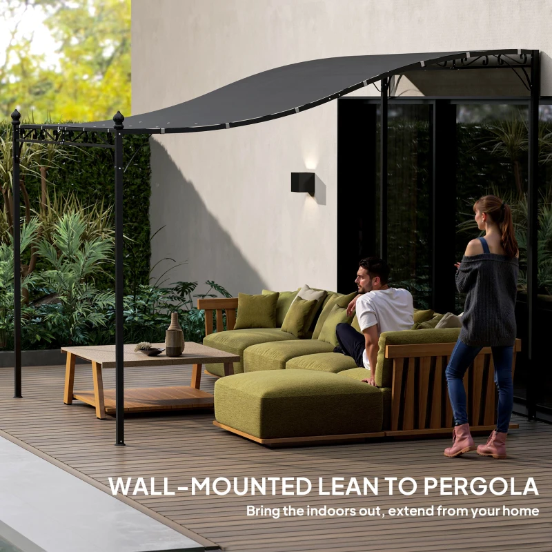 Outsunny Pergola 3 x 2,5 m, montowana na ścianie, wodoodporna altana ogrodowa, metalowy stelaż, otwory drenażowe, dach zacieniający, ciemnoszara