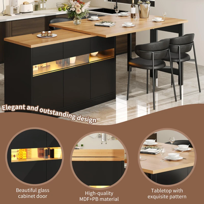 Extendable Bar Table with App-Controlled LED Lighting, Modern Kitchen Island with 360° Swivel Function, 120-180L x 40W x 71.5H cm, Black